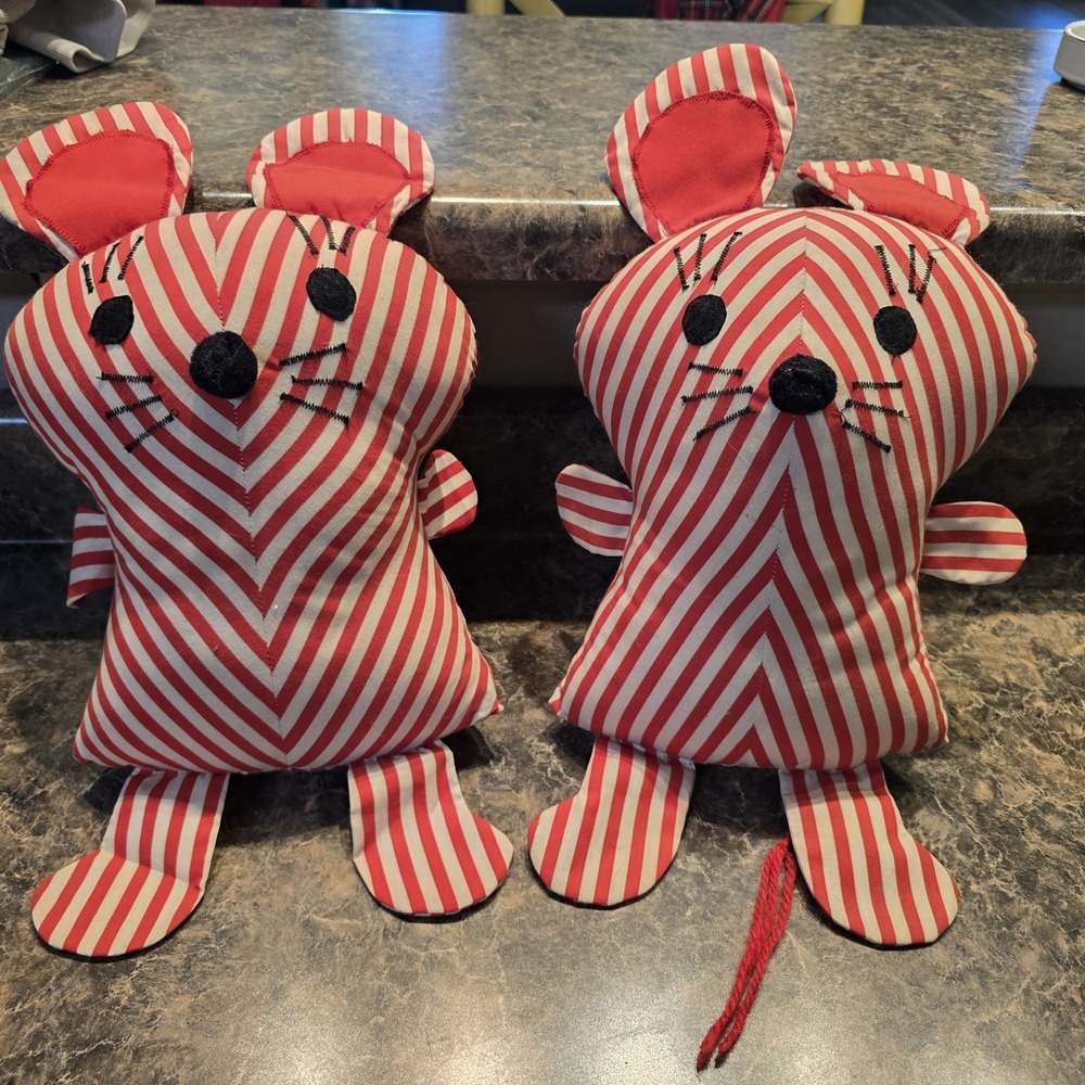 2 Vintage Plush Red and White Stripped Christmas Mousse